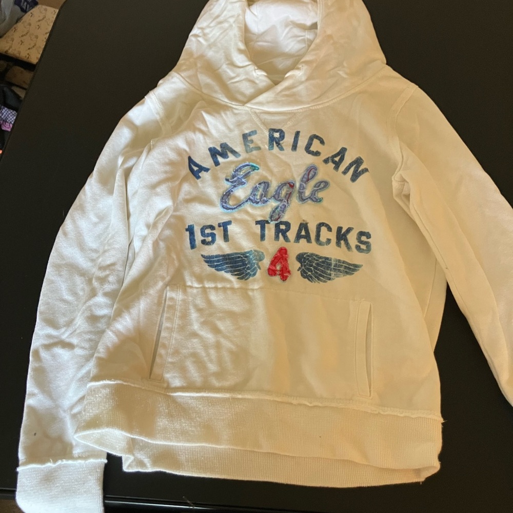 American Eagle Outfitters White Hoodie with Blue and Red Accents